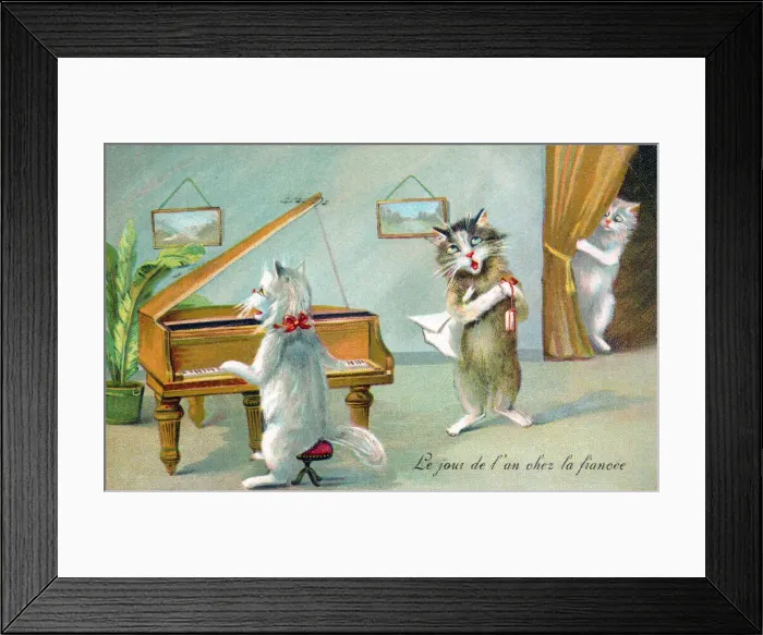 Framed Print : Cats playing the piano and singing on a New Year postcard