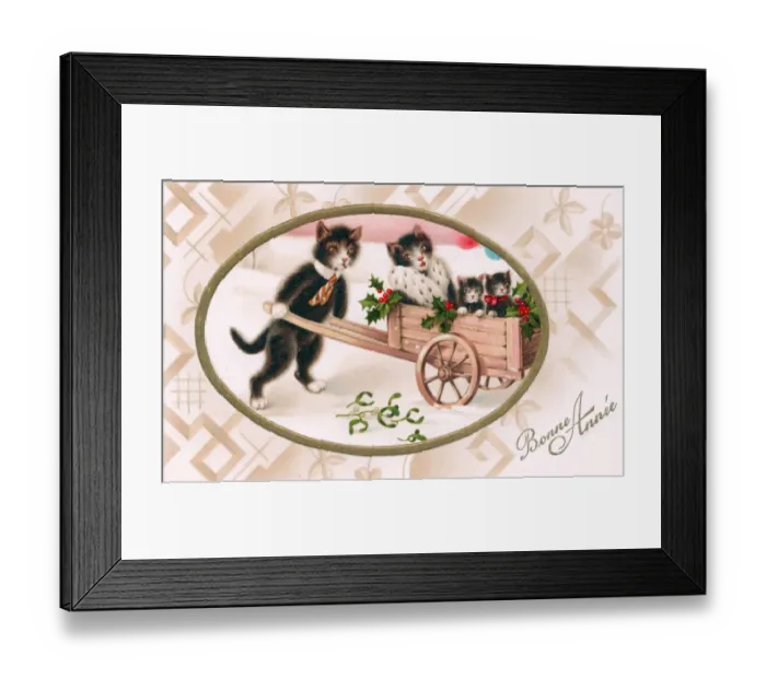 Framed Print : Cats with wheelbarrow on a French New Year postcard Framed Print : Cats with wheelbarrow on a French New Year postcard