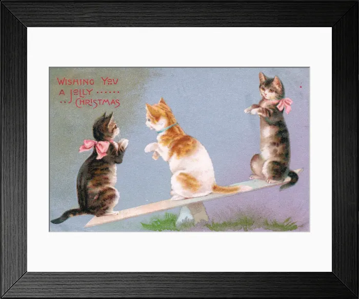 Framed Print : Three cats seesawing on a Christmas postcard Framed Print : Three cats seesawing on a Christmas postcard