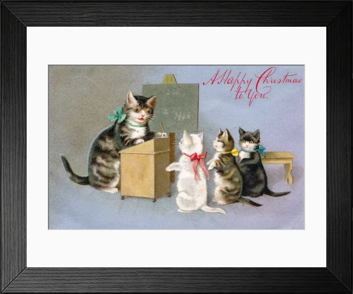 Framed Print : Cat and kittens in a schoolroom on a Christmas postcard Framed Print : Cat and kittens in a schoolroom on a Christmas postcard