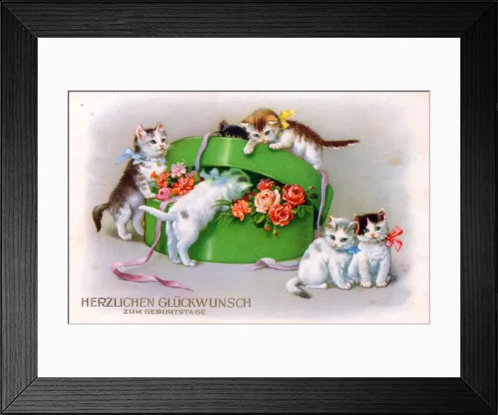 Framed Print : Kittens with box of flowers on a German birthday postcard Framed Print : Kittens with box of flowers on a German birthday postcard