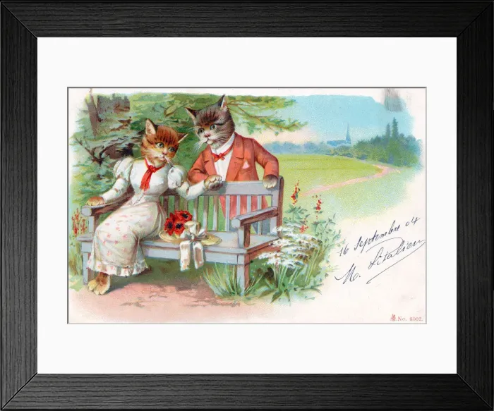 Framed Print : Cat couple in a park on a greetings postcard