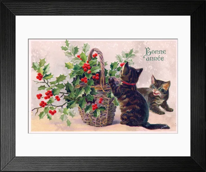 Framed Print : Two kittens with a basket of holly on a New Year postcard Framed Print : Two kittens with a basket of holly on a New Year postcard