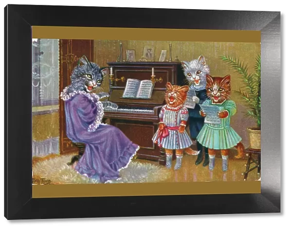 Cats playing the piano and singing on a postcard