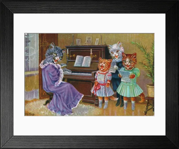 Framed Print : Cats playing the piano and singing on a postcard Framed Print : Cats playing the piano and singing on a postcard