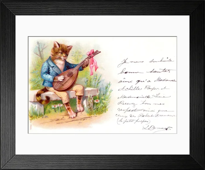 Framed Print : Musical cat playing a mandolin on a French postcard Framed Print : Musical cat playing a mandolin on a French postcard