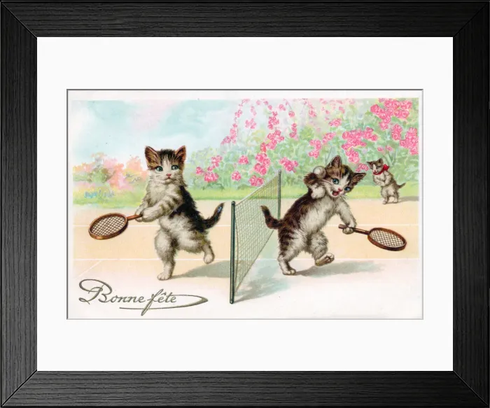 Framed Print : Kittens playing tennis on a French birthday postcard Framed Print : Kittens playing tennis on a French birthday postcard