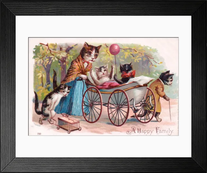 Framed Print : Family of cats in the park on a postcard Framed Print : Family of cats in the park on a postcard