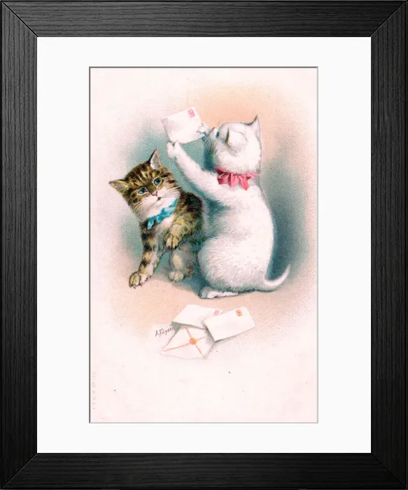 Framed Print : Two kittens with letters on a postcard Framed Print : Two kittens with letters on a postcard