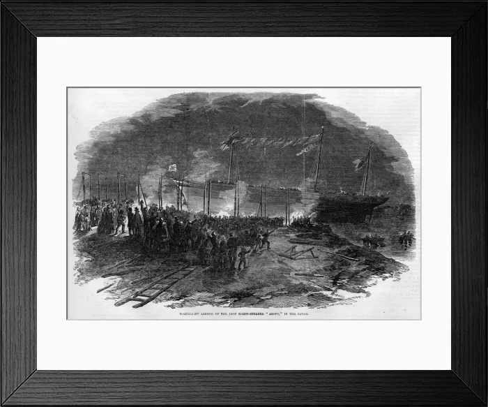 Framed Print : The torchlight launch of the iron-screw steamer Azoff in Framed Print : The torchlight launch of the iron-screw steamer Azoff in