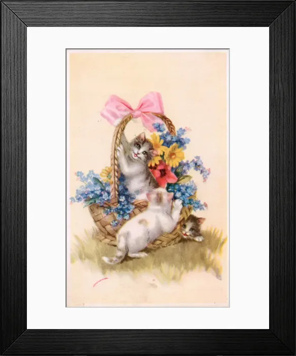 Framed Print : Cats with a basket of flowers on a postcard Framed Print : Cats with a basket of flowers on a postcard