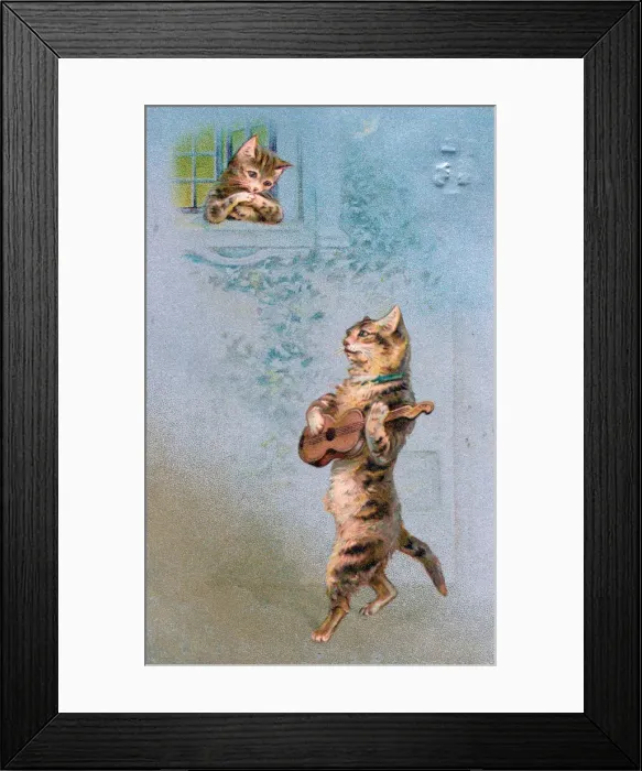 Framed Print : Musical cat with guitar serenading on a postcard