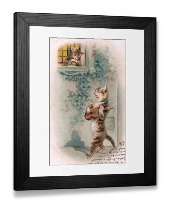 Framed Print : Musical cat with guitar serenading on a postcard Framed Print : Musical cat with guitar serenading on a postcard