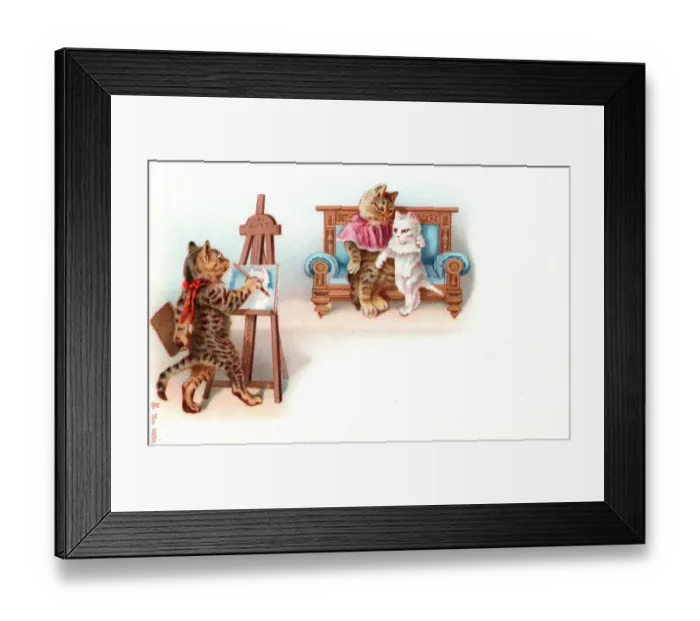 Framed Print : Cat artist and clients on a postcard Framed Print : Cat artist and clients on a postcard