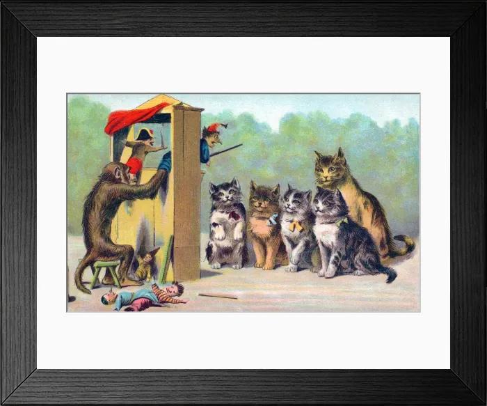 Framed Print : Cats watching a puppet show on a postcard Framed Print : Cats watching a puppet show on a postcard