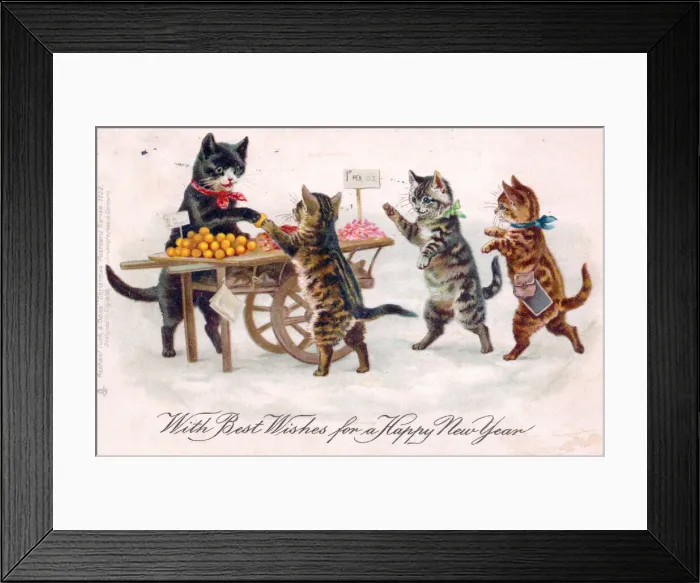 Framed Print : Cats buying fruit on a New Year postcard Framed Print : Cats buying fruit on a New Year postcard