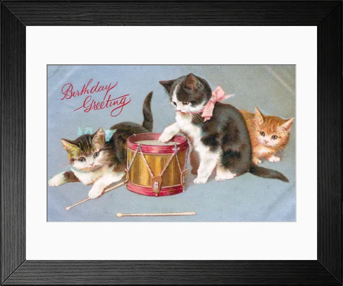 Framed Print : Kittens with a drum on a birthday postcard Framed Print : Kittens with a drum on a birthday postcard