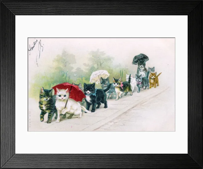 Framed Print : Cat and kittens with parasols on a postcard Framed Print : Cat and kittens with parasols on a postcard
