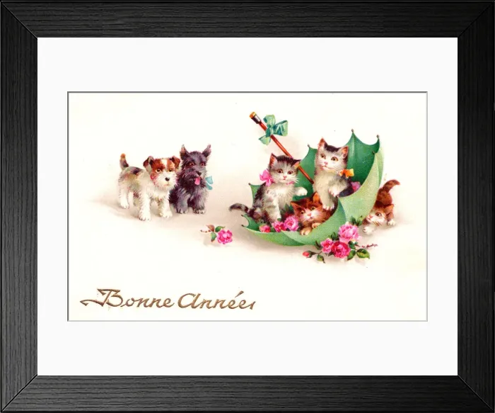 Framed Print : Kittens and puppies on a French New Year postcard Framed Print : Kittens and puppies on a French New Year postcard