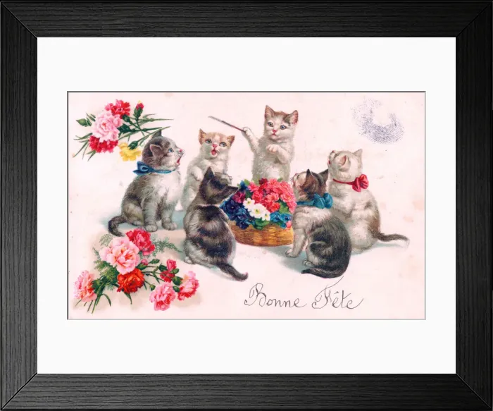 Framed Print : Kittens singing on a French birthday postcard Framed Print : Kittens singing on a French birthday postcard