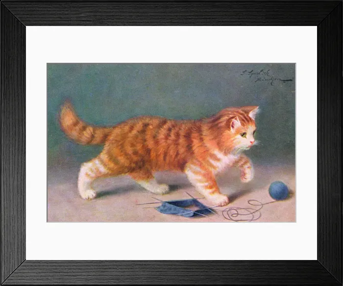 Framed Print : Ginger cat with knitting on a postcard Framed Print : Ginger cat with knitting on a postcard