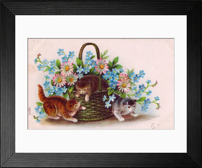 Framed Print : Kittens with a basket of flowers on a postcard
