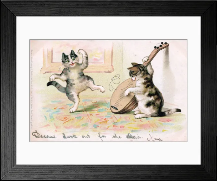 Framed Print : Musical cat playing a mandolin on a German postcard Framed Print : Musical cat playing a mandolin on a German postcard