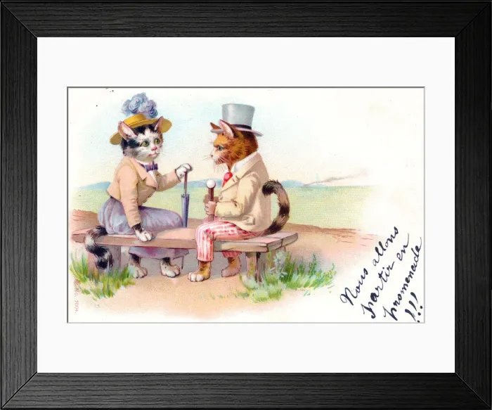 Framed Print : Cat couple on a bench on a postcard Framed Print : Cat couple on a bench on a postcard