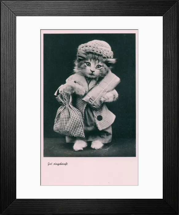 Framed Print : Kitten on a shopping trip on a German postcard Framed Print : Kitten on a shopping trip on a German postcard