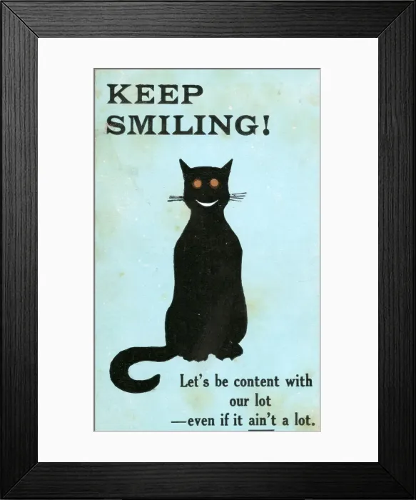 Framed Print : Black cat on a postcard - Keep Smiling Framed Print : Black cat on a postcard - Keep Smiling