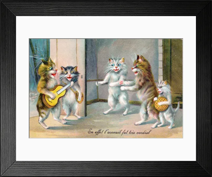 Framed Print : Five cats meeting on a French postcard Framed Print : Five cats meeting on a French postcard