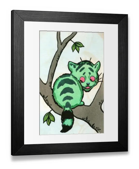 Framed Print : Green cat in a tree on a postcard Framed Print : Green cat in a tree on a postcard