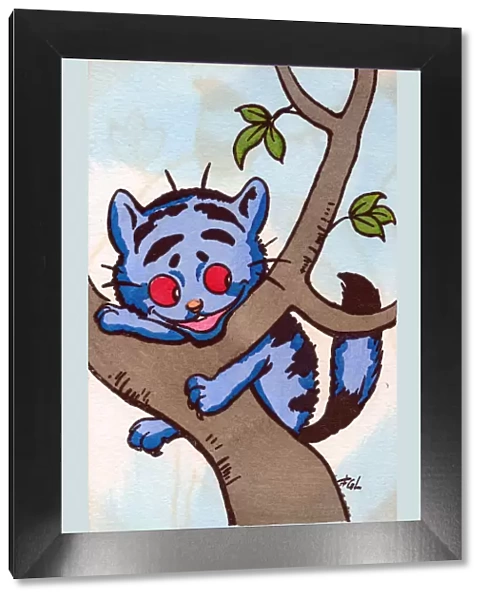 Blue cat in a tree on a postcard