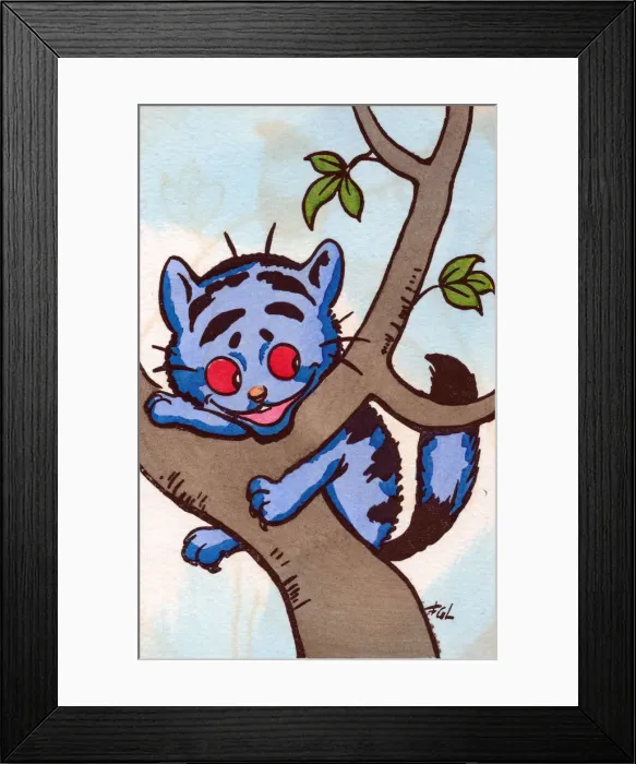 Framed Print : Blue cat in a tree on a postcard Framed Print : Blue cat in a tree on a postcard