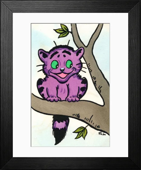 Framed Print : Purple cat in a tree on a postcard Framed Print : Purple cat in a tree on a postcard