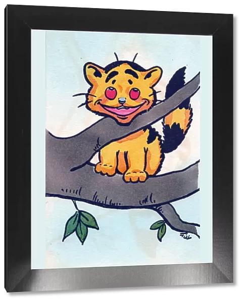 Yellow cat in a tree on a postcard