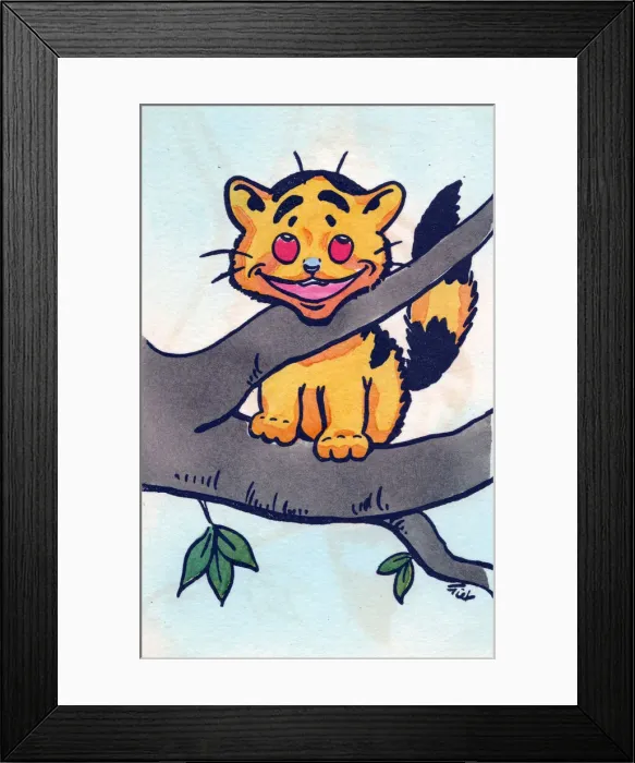Framed Print : Yellow cat in a tree on a postcard Framed Print : Yellow cat in a tree on a postcard