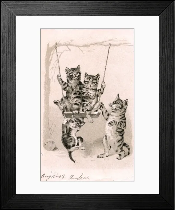 Framed Print : Four tabby kittens playing on a swing on a postcard Framed Print : Four tabby kittens playing on a swing on a postcard