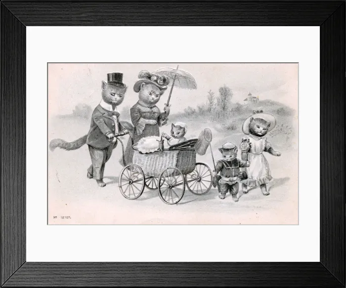 Framed Print : Family of cats with a pram on a postcard Framed Print : Family of cats with a pram on a postcard
