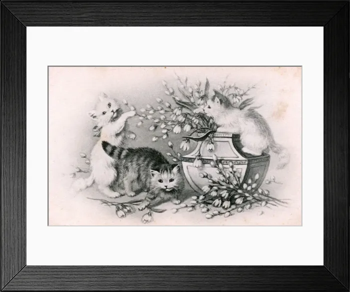 Framed Print : Kittens with a vase of flowers on a postcard Framed Print : Kittens with a vase of flowers on a postcard