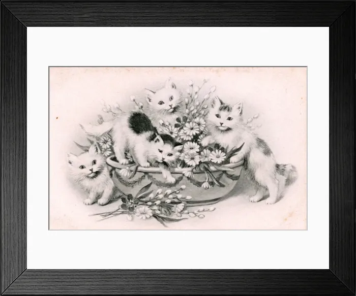 Framed Print : Kittens with a bowl of flowers on a postcard Framed Print : Kittens with a bowl of flowers on a postcard