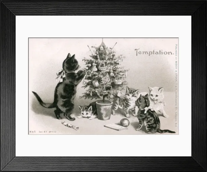 Framed Print : Cat and kittens with a tree on a Christmas postcard Framed Print : Cat and kittens with a tree on a Christmas postcard