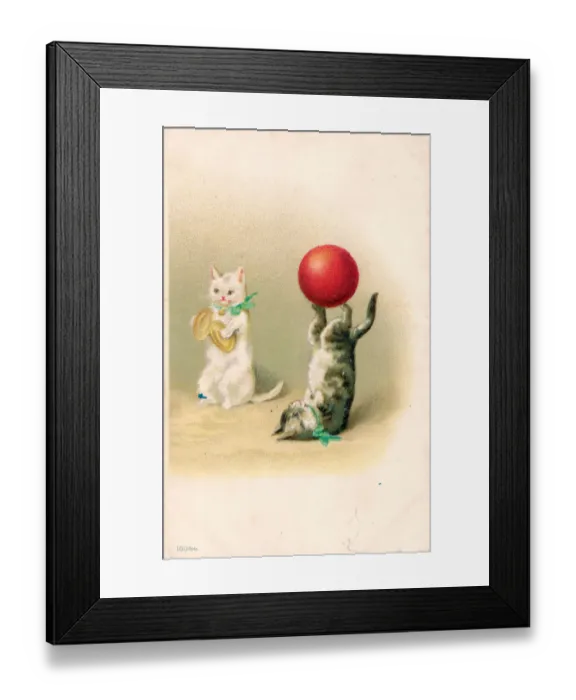 Framed Print : Cat playing cymbals with cat and ball on a postcard Framed Print : Cat playing cymbals with cat and ball on a postcard