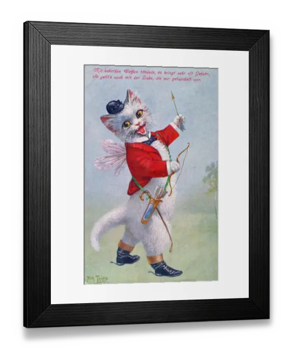 Framed Print : Cat with bow and arrows on a German postcard Framed Print : Cat with bow and arrows on a German postcard