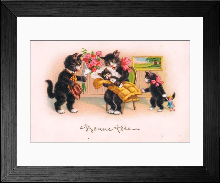 Framed Print : Cats and kittens on a French birthday postcard Framed Print : Cats and kittens on a French birthday postcard
