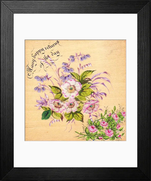 Framed Print : Pink and mauve flowers made of silk on a birthday card Framed Print : Pink and mauve flowers made of silk on a birthday card