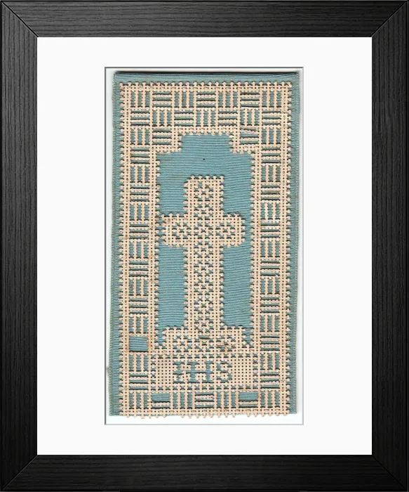 Framed Print : Lacy cross on a pale blue background on a greetings card Framed Print : Lacy cross on a pale blue background on a greetings card