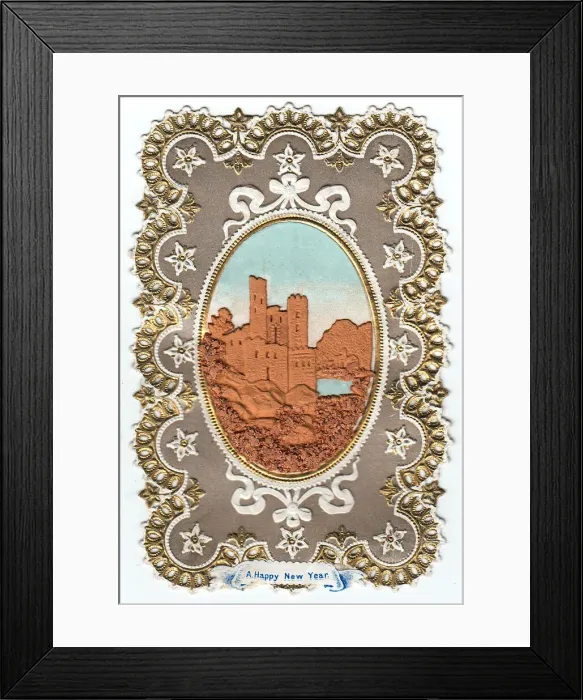 Framed Print : New Year card made from cork, with ornate border Framed Print : New Year card made from cork, with ornate border