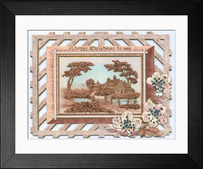 Framed Print : Christmas card made from cork, with decorative border Framed Print : Christmas card made from cork, with decorative border