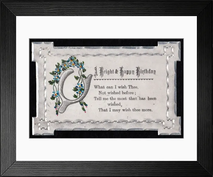 Framed Print : Blue flowers on a birthday greetings card made of metal Framed Print : Blue flowers on a birthday greetings card made of metal